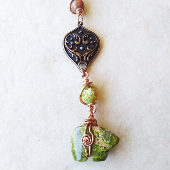 Unique Unakite Jasper Bear "Y" + Copper Necklace! 4 Wire Wrapped Beaded Sections - Picture 3 of 14
